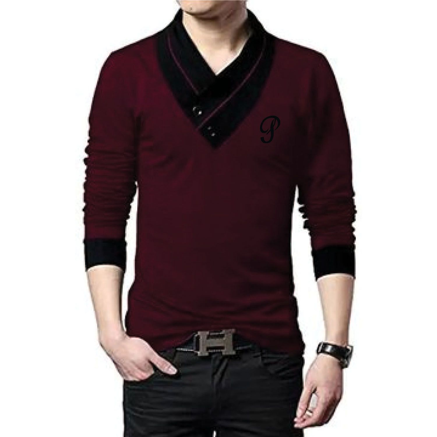 Full Sleeve t shirt / Long Sleeve t shirt / Casual t shirt / Exclusive t shirt  / Premium Quality t shirt   / Luxury Quality t shirt / Maroon Color t shirt / Stylish V-neck t shirt / Fashion Wear For Men Wearable in All Season. - T Shirt For Man