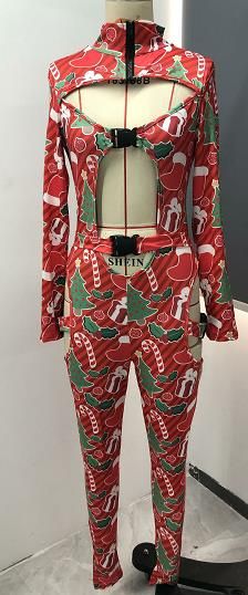 Women Wrapped Romper, Long Sleeve High Neck Buckle Cutout High Waist Tight Trousers Christmas Jumpsuit