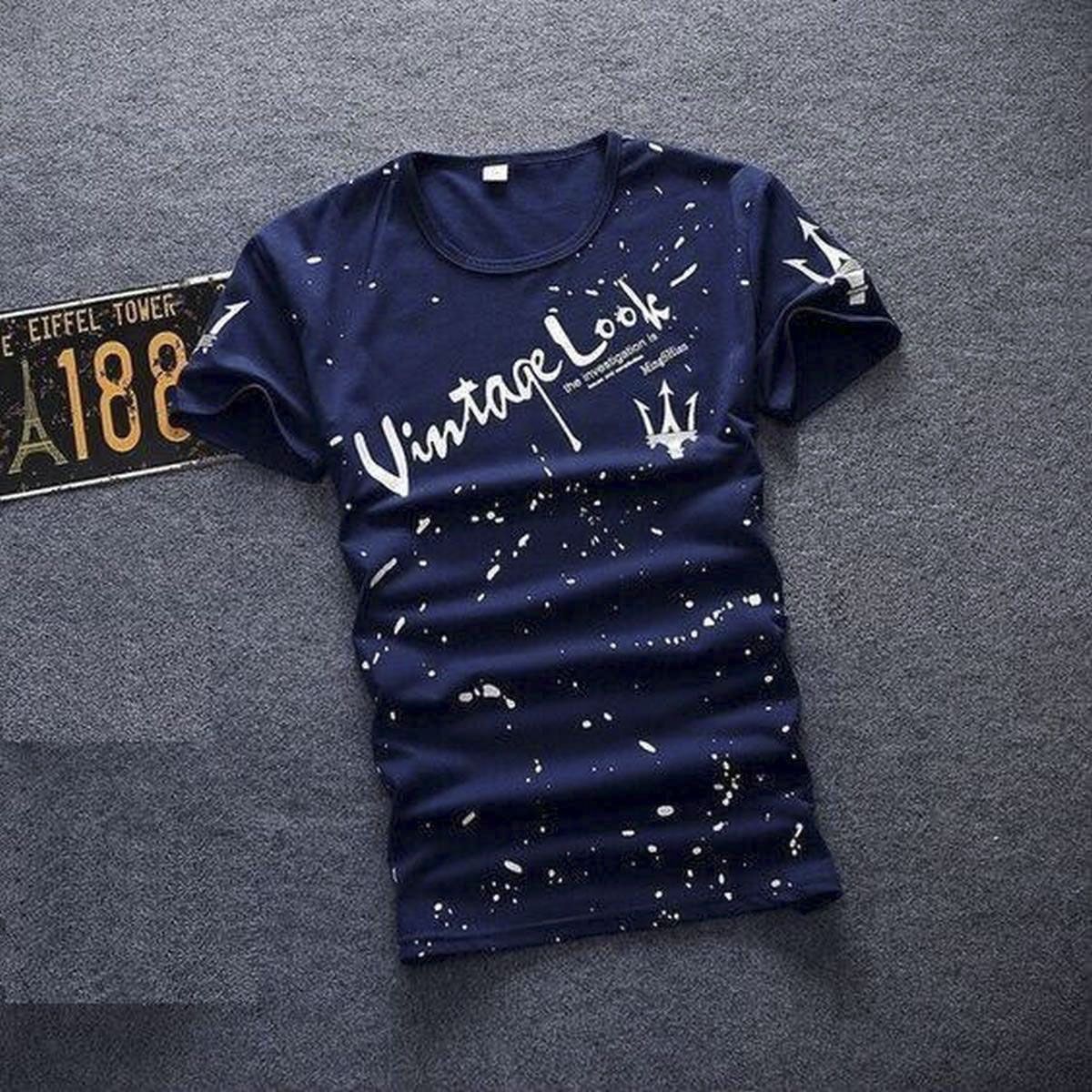 Blue Cotton Printed Half Sleeve T-Shirt for Men