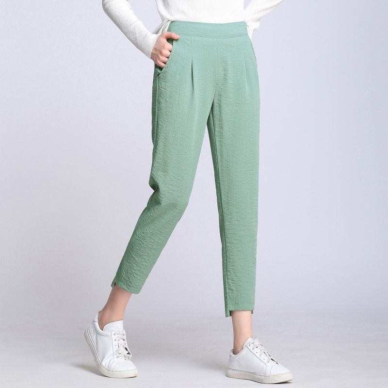 Women Casual Spring Summer Plus Size Trousers Solid Elastic Waist Cotton Linen Pants Ankle Length Harem Pants