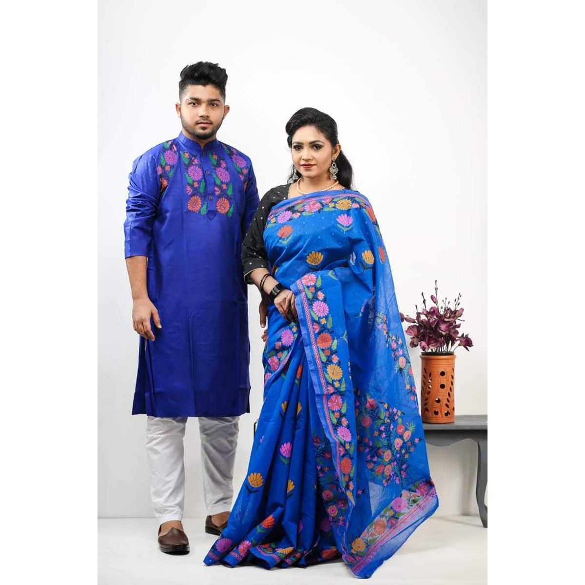 New Exclusive Design Blue color Block Print Half Silk Saree and Dupionn Panjabi couple Dress for Men and women