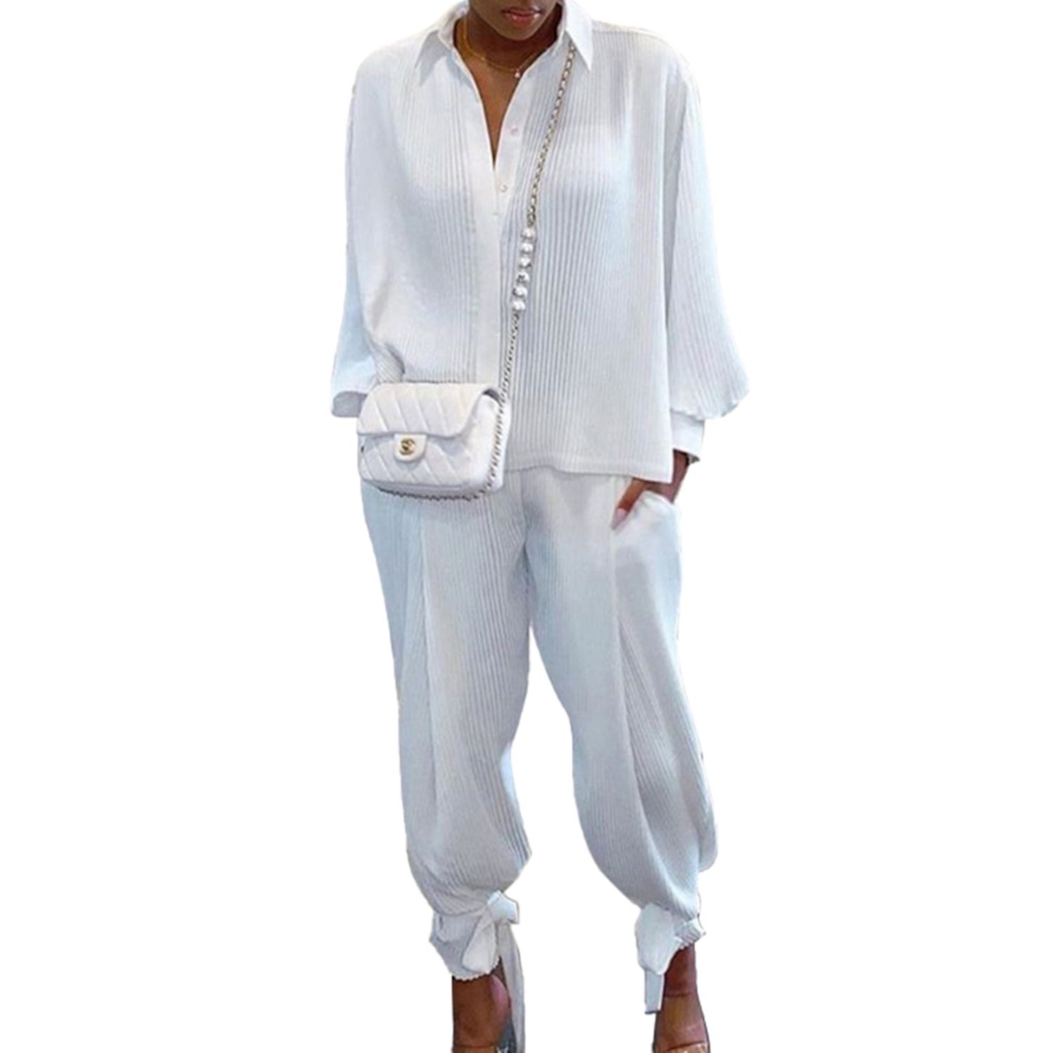 Women's Suit Screw Loose Top Stand Collar Long Sleeve Shirt Pocket Pants with Lace Up Hem