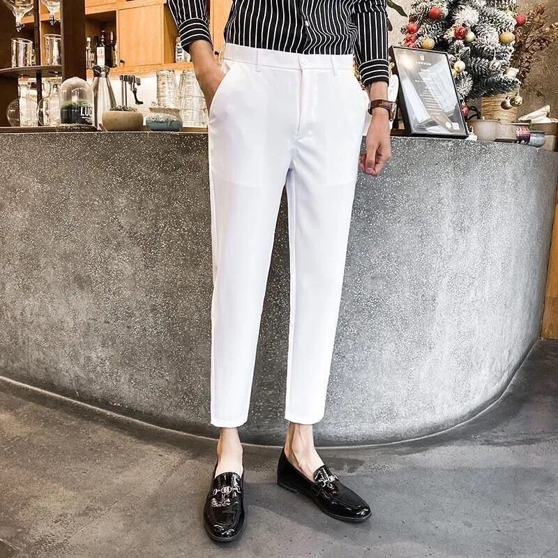 Summer Capris men's casual pants small foot slim trousers long pants male stuKorean suit pants thin 9