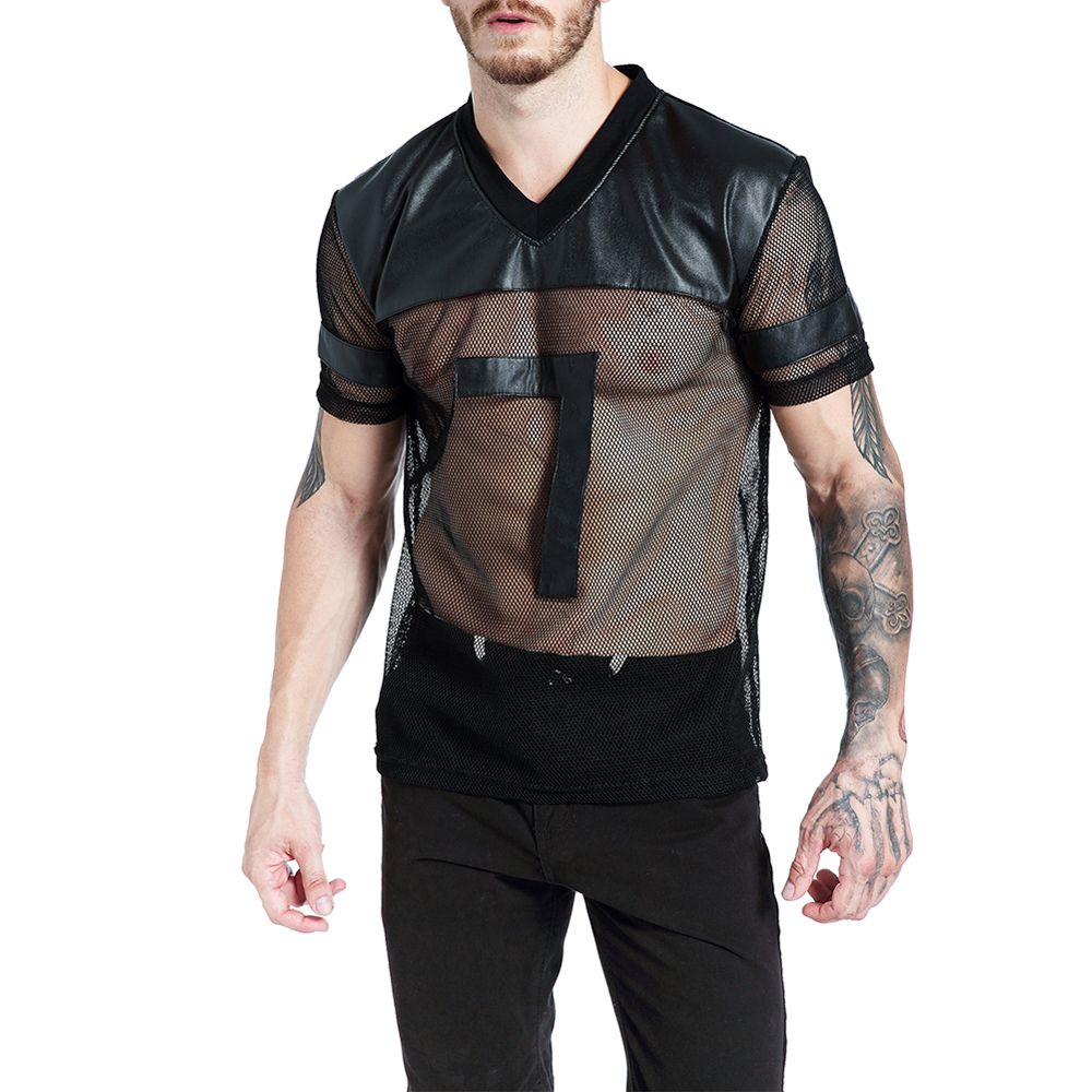 V-Neck Men Summer Short Sleeve Faux Leather Mesh See-through T-shirt Top
