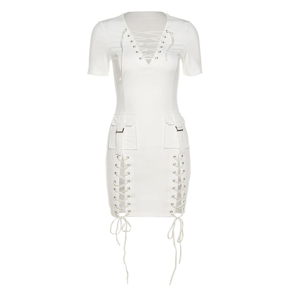 Kliou Simplicity Solid Bandage Mini Dress Skinny Ruched Short Sleeve Hollow Out Harajuku Bodycon Tooling style
