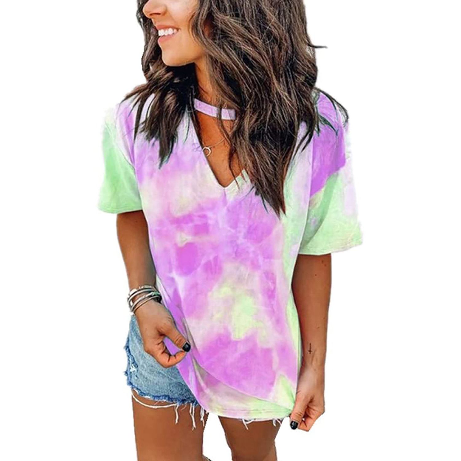 New Women Summer Short-sleeved Pullover Top Korean Fashion Loose Tie-dye V-neck T-shirt for Women