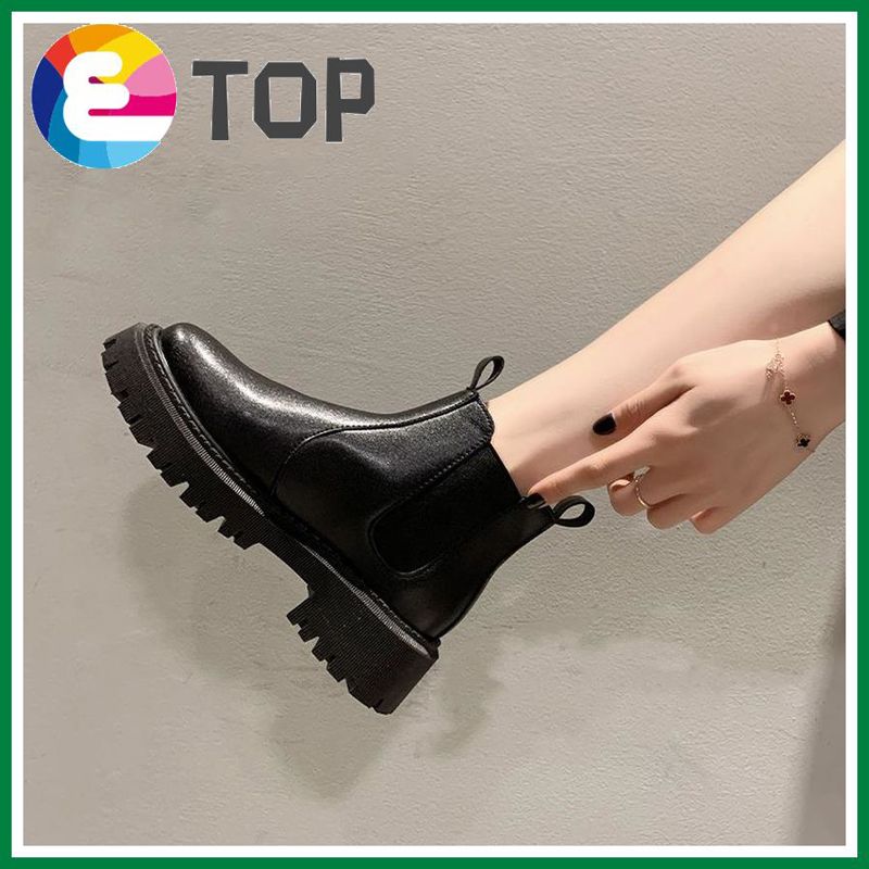 Boots Women Leather Shoes Round head Fashion Korean Style Heighten Black Shoes for Women Middle Waterproof Student Martin Boots New Women Handsome kasut perempuan