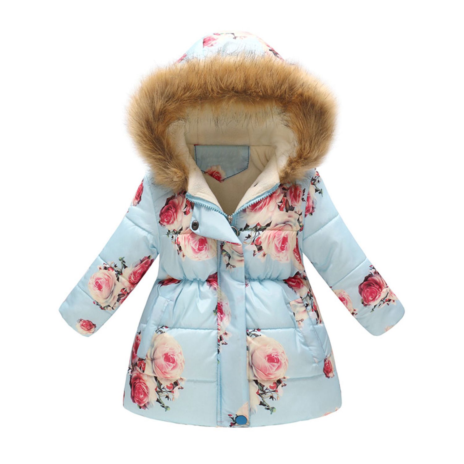 Girls Overcoat Windproof Cartoon Animal Print Pockets Girls Coat