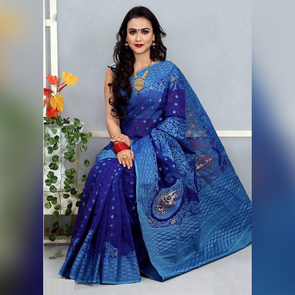 Latest Collection With Gorgeous Design Fashionable Multicolor Half Silk Jamdani Saree For Women With Blouse Piece