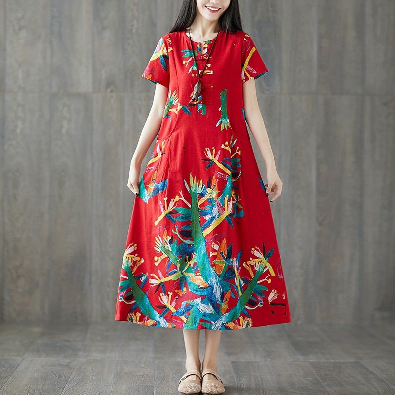 short sleeve cotton linen vintage floral dresses for women casual loose long summer dress elegant clothes 2021