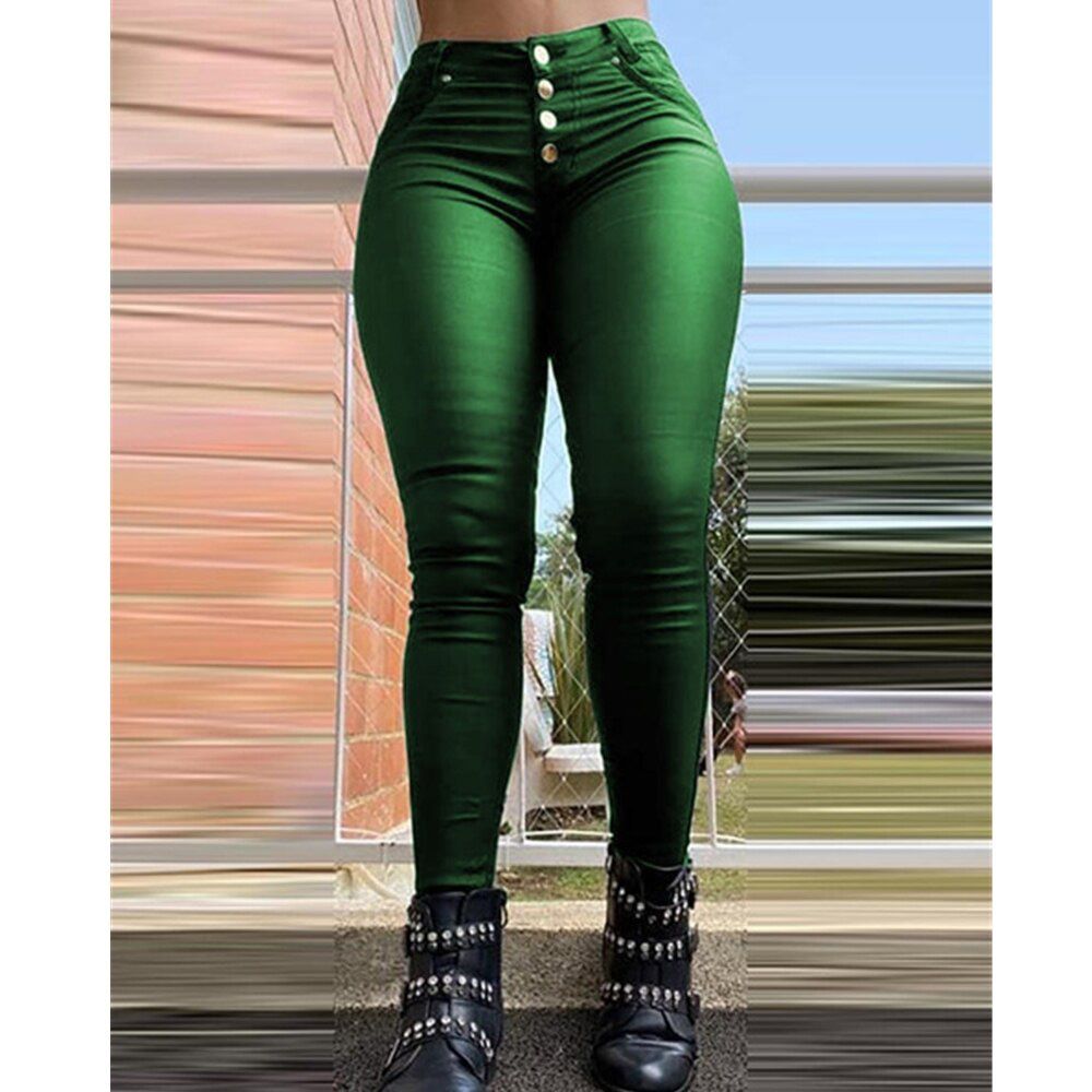 Faux Leather Pants Women High Waist Skinny Trousers Buttons Design Spring Summer Slim Fit PU Bodycon Pant Club Leggings