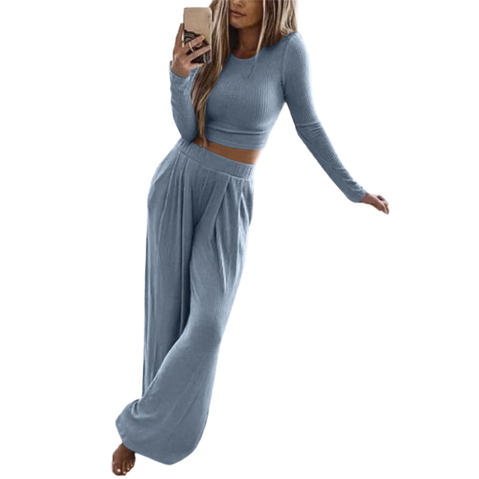Crop Top Pants O Neck Pure Color Crew Neck Outfit