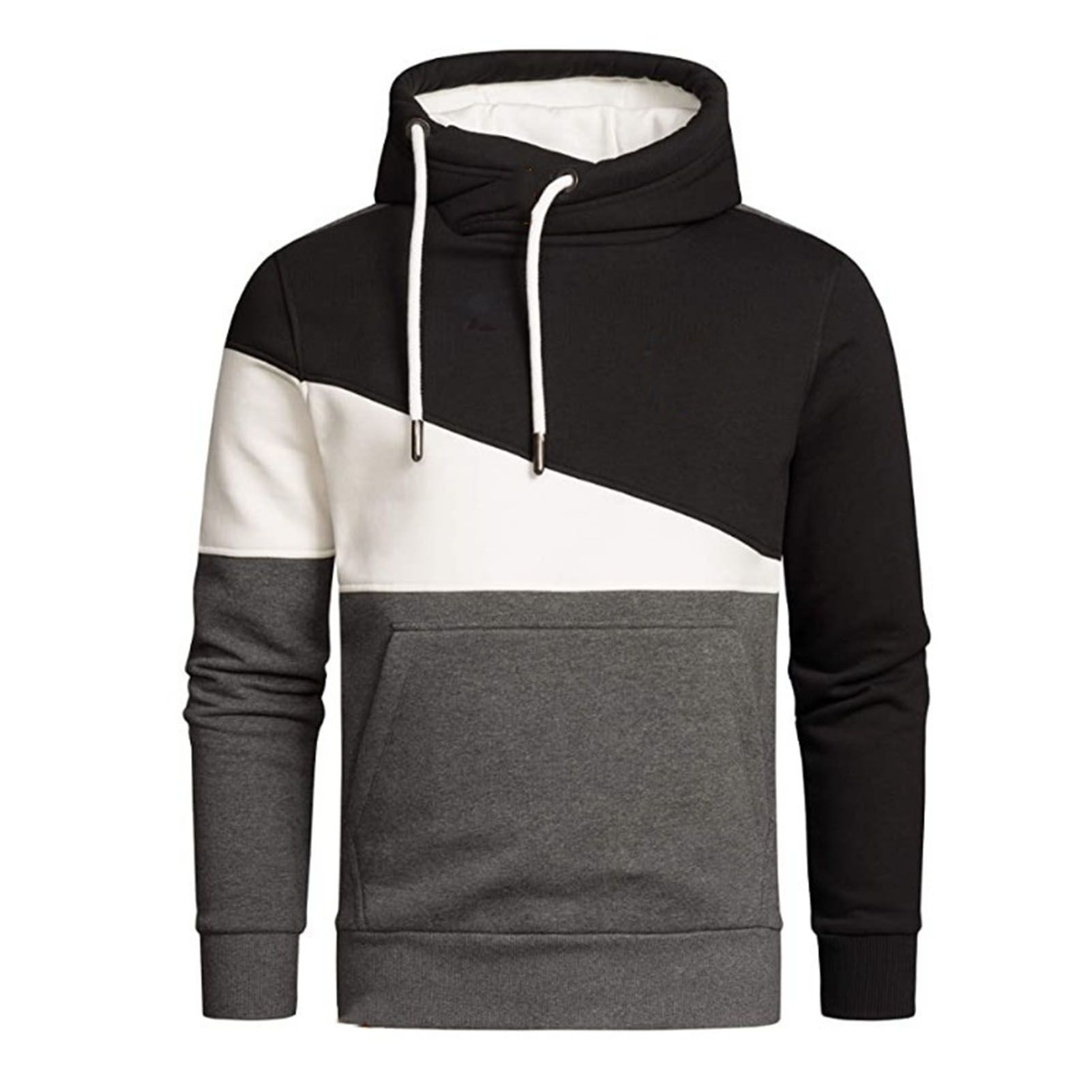 Men Sweatshirt Turtleneck Color Block Drawstring Pullover Hoodie