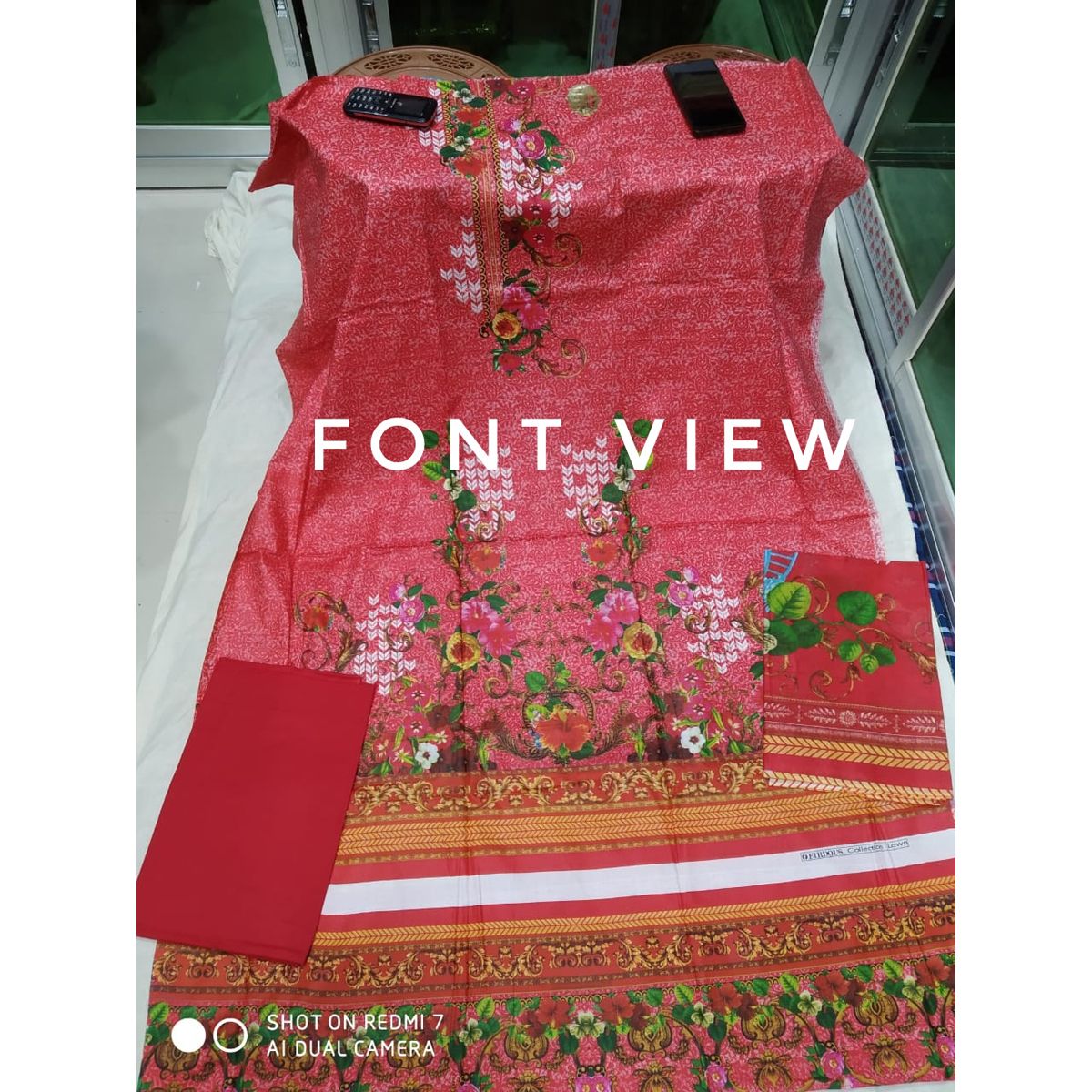 Fashionable Unstitched Red Printed Cotton Three Piece Shalwar Kameez For Women
