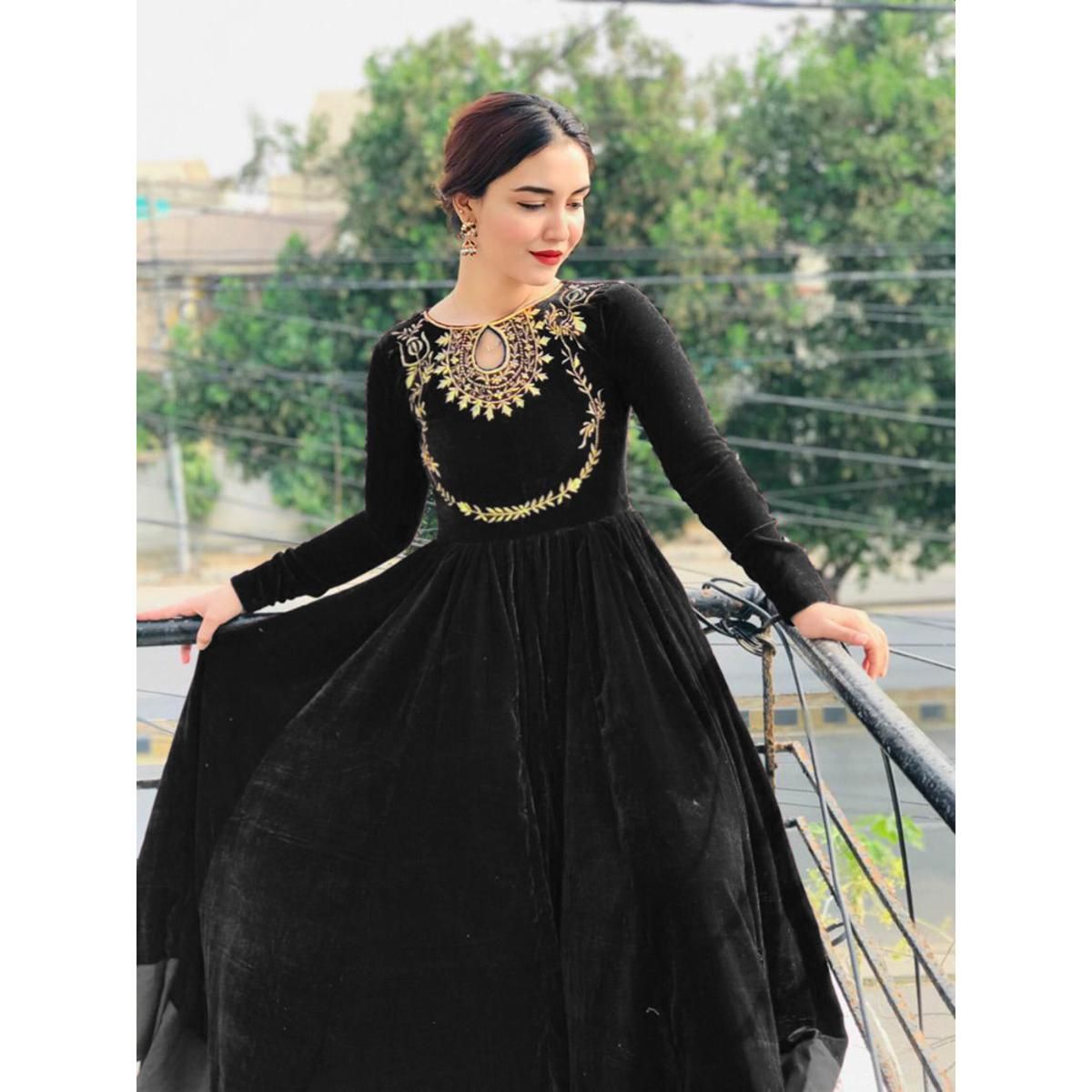 Velvet Fabics Ready Made Embroidery work one piece gown for woman-2