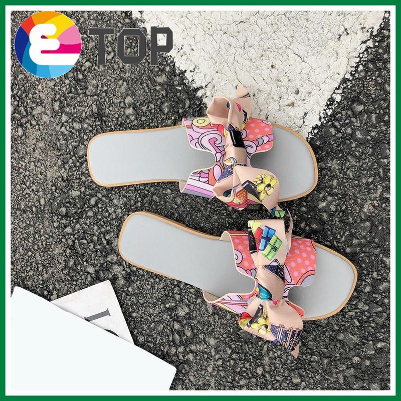 Fashion Women Silk Scarf Bowknot Women Slippers Outdoor Beach Elegant Flip Flops Sandals Home Flat Non-slip Shoes