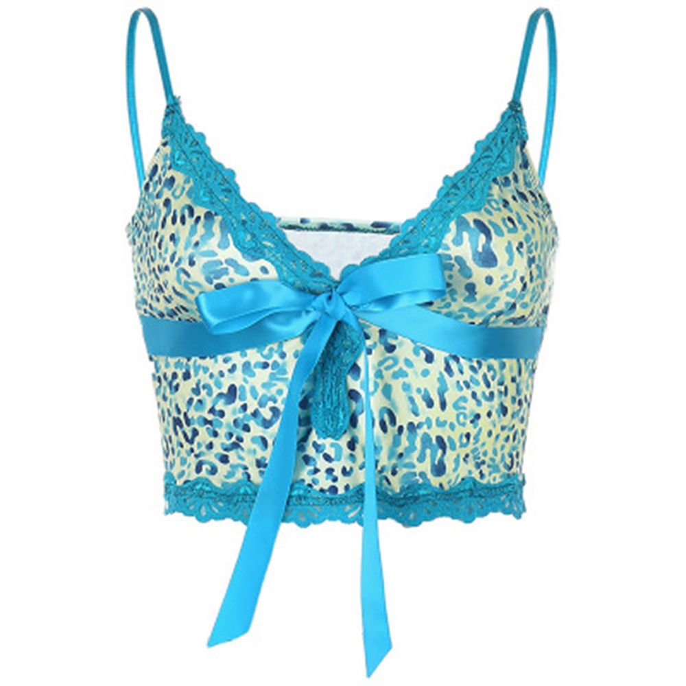 Ladies Summer Sexy Midriff-baring Camisole, Girls Fashionable Animal Print Lace Decoration V-neck Sleeveless Base Shirt Slim Top for Dating Shopping