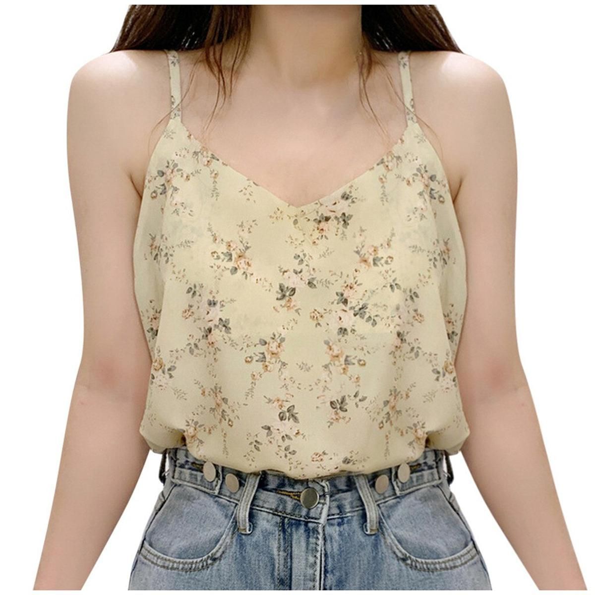 Floral Print Chiffon Camis For Womens Summer Vest Sleeveless Loose Tops For Teen Cottagecore Clothes mujer camisetas A40
