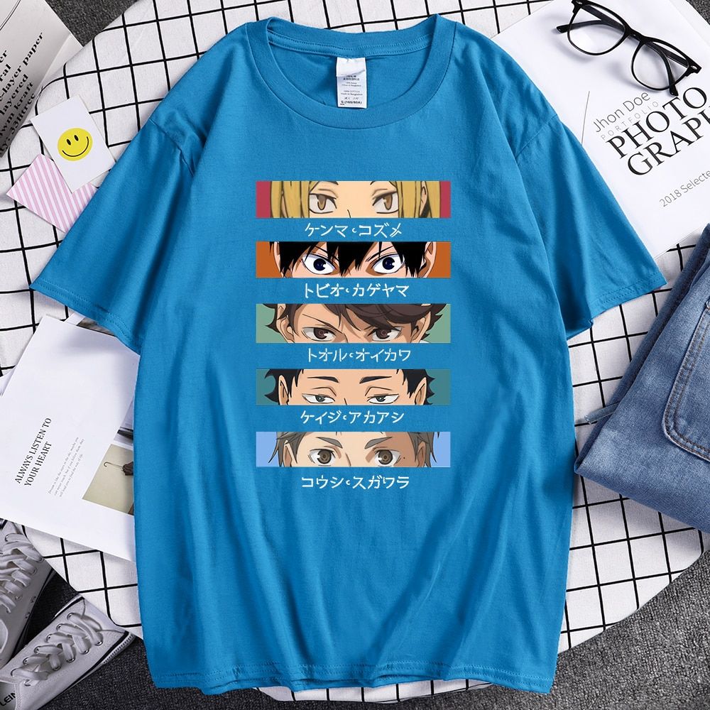 Haikyuu Funny Eyes Cartoon Tee Shirt Men Jn Anime Fashion T Shirt Brand Casual Loose Tops Male Hop Harajuku T-Shirts