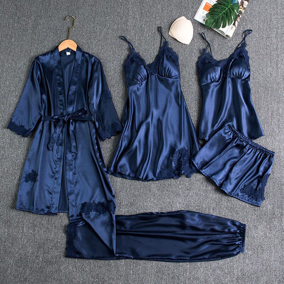 Sleepwear Sleep Suit Female 5PCS Pajamas Set y Satin Pyjamas Lace Bridal Wedding Nightwear Satin Nighty&Robe Home Wear