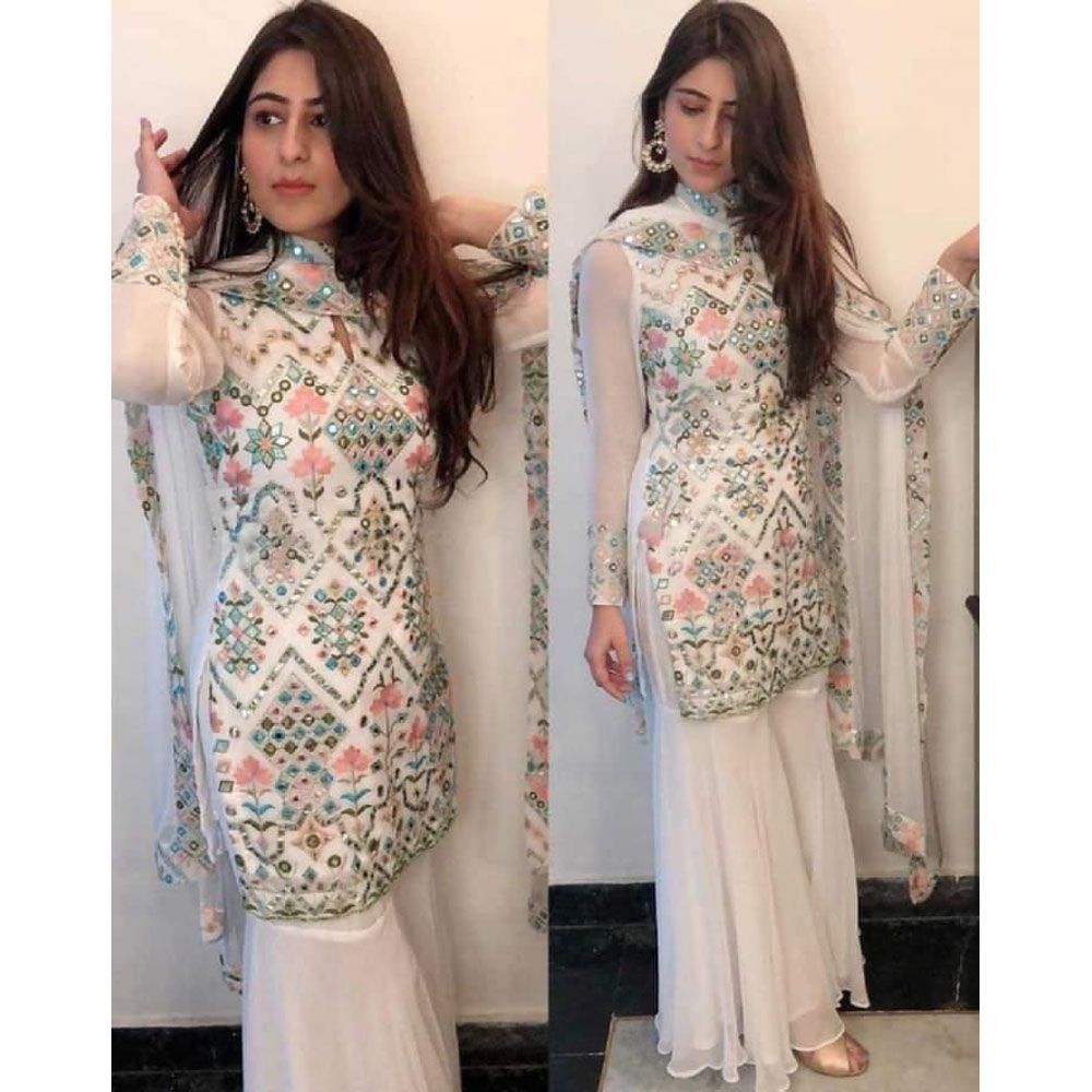 Fashion canvas Featuring Exclusive Indian Unstitched Georgette Embroidery Three Piece-White