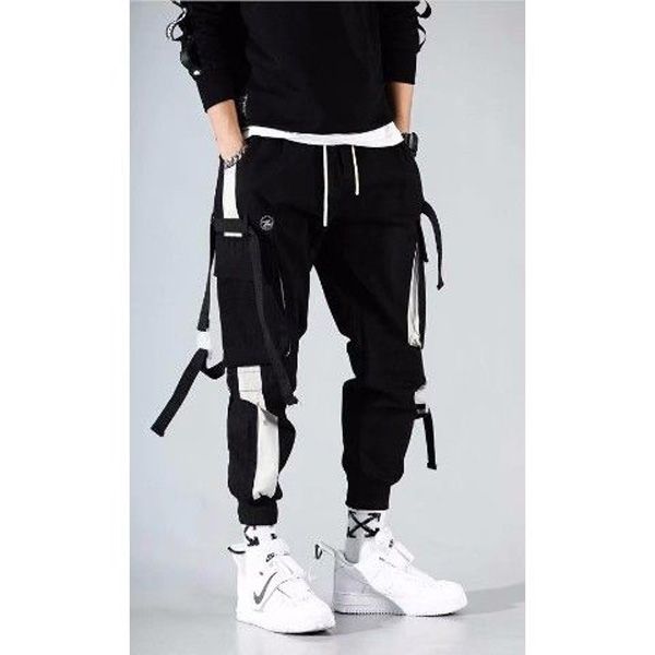 HOUZHOU Cargo Pants for Men Joggers Hop Techwear Streetwear Casual Gothic Trousers Male Summer Black Sweatpants Ribbons