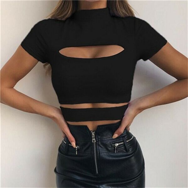 Gothic Chest Hollow Out Women T-shirt Crop Top Green Black Solid Slim Tank Tops Tee Shirt Female Casual Camis