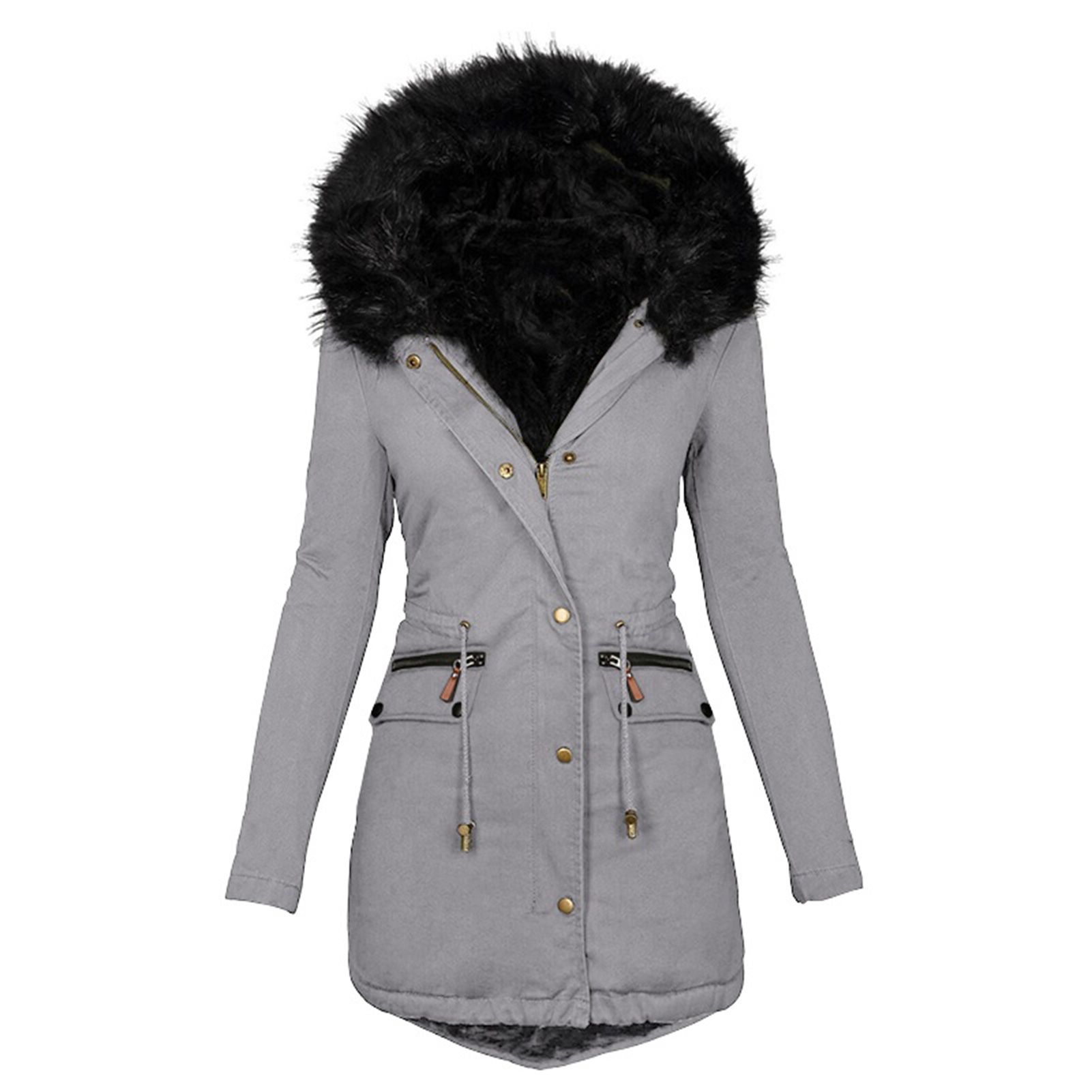 Jacket Coat Zipper Pockets Plush Hooded Women Casual Coat