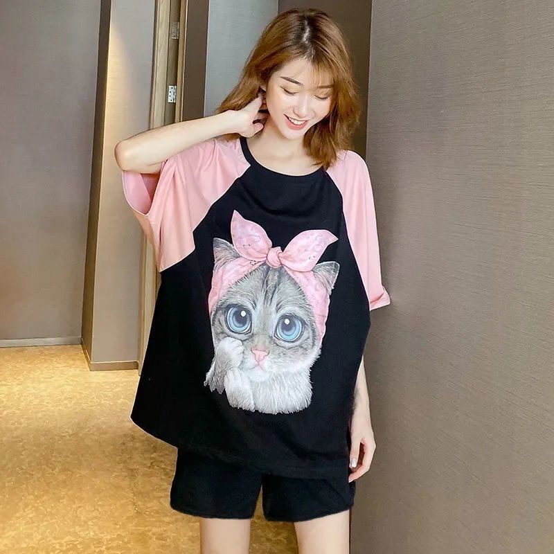 Women's suit pajamas doraemon cartoons cute summer set woman 2 pieces shorts short sleeve home Nightgowns thin Sleepwear
