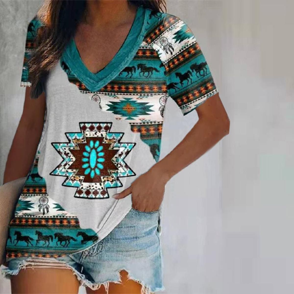 Pullover Ethnic Style Print Patchwork Geometric Pattern Top