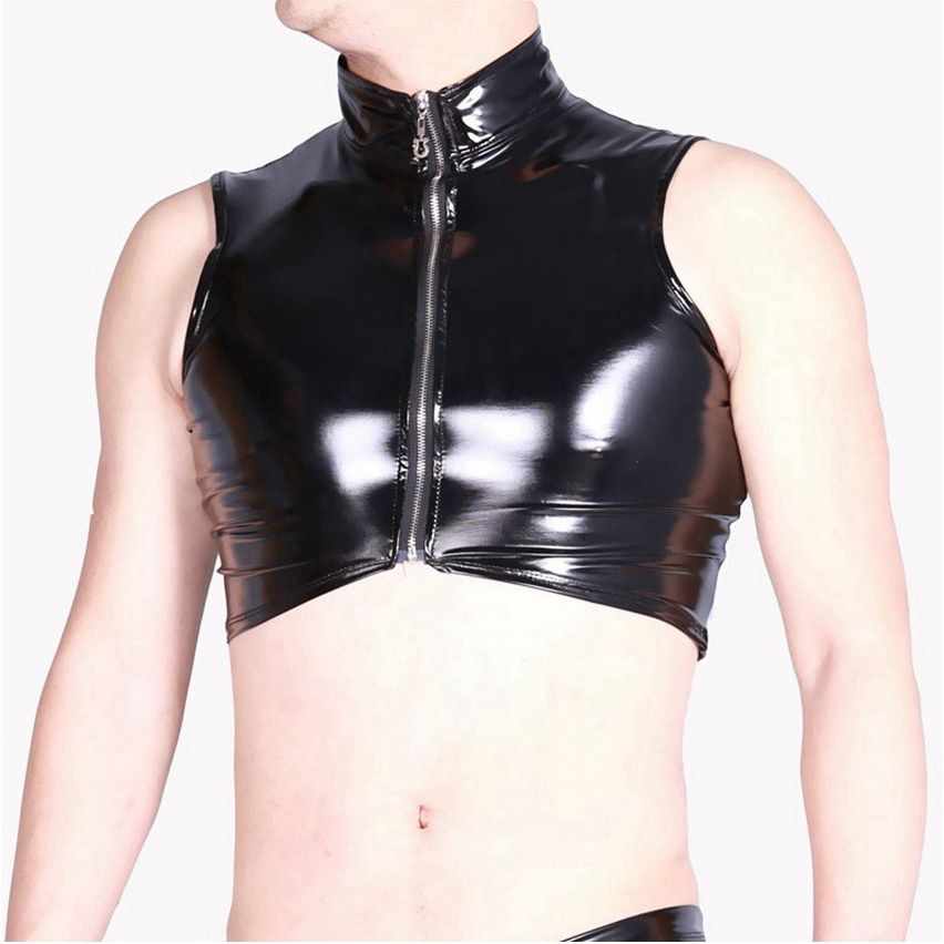 Wet Look Shiny PVC Faux Leather Muscle Shirt Bodybuilding Clothes Glitter Sleeveless Hot Shapers Men Tanktop Moto Fitness Tops