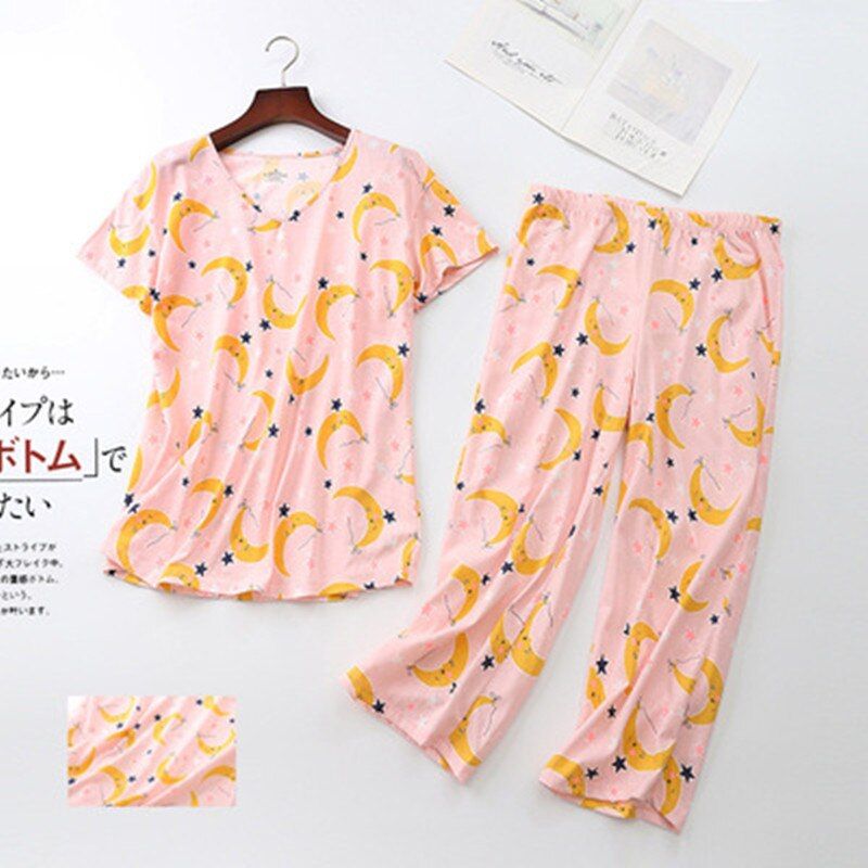 Cotton Pajamas Set Short Sleeve T-shirt Long Pants 2Piece/Set Summer y  Pyjama Big Size Mom Homewear Cozy Plus Sleepwear