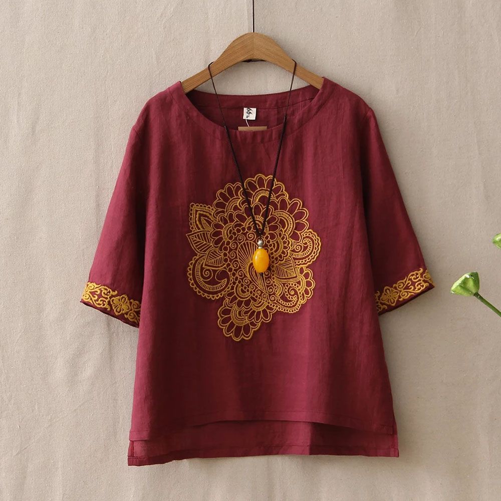 Fashionable Tops Ladies Casual embroidered China linen New Long Sleeve T-Shirt For Women
