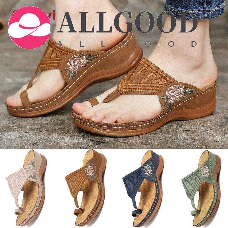 Women Retro Sandals Flower Pattern Open Toe Plus Size Wedge Sandal Casual Comfortable Ladies Casual Sandal Slippers