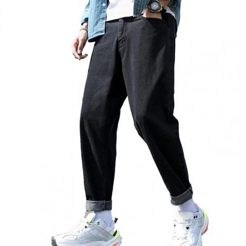 summer wide and comfortable loose jeans pocket soft bottom men's solid color jeans go out for leisure and daily life