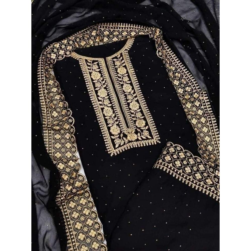 Black Embodaried Staylish Georgette Three piece  For Women