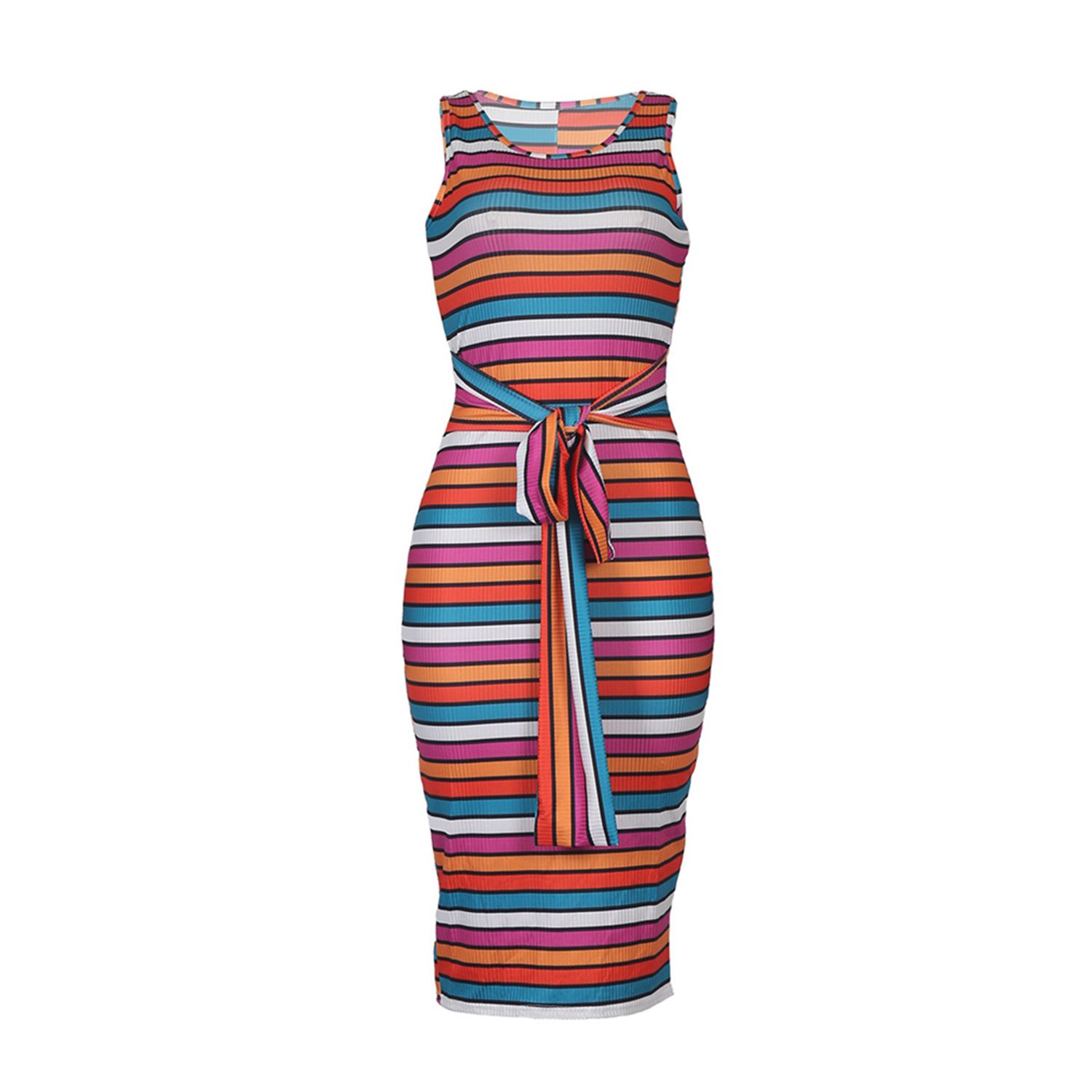 Female Dress, Striped Round Neck Sleeveless Dress One-Piece for Women, Rose Red/Bluish Violet/Light Pink