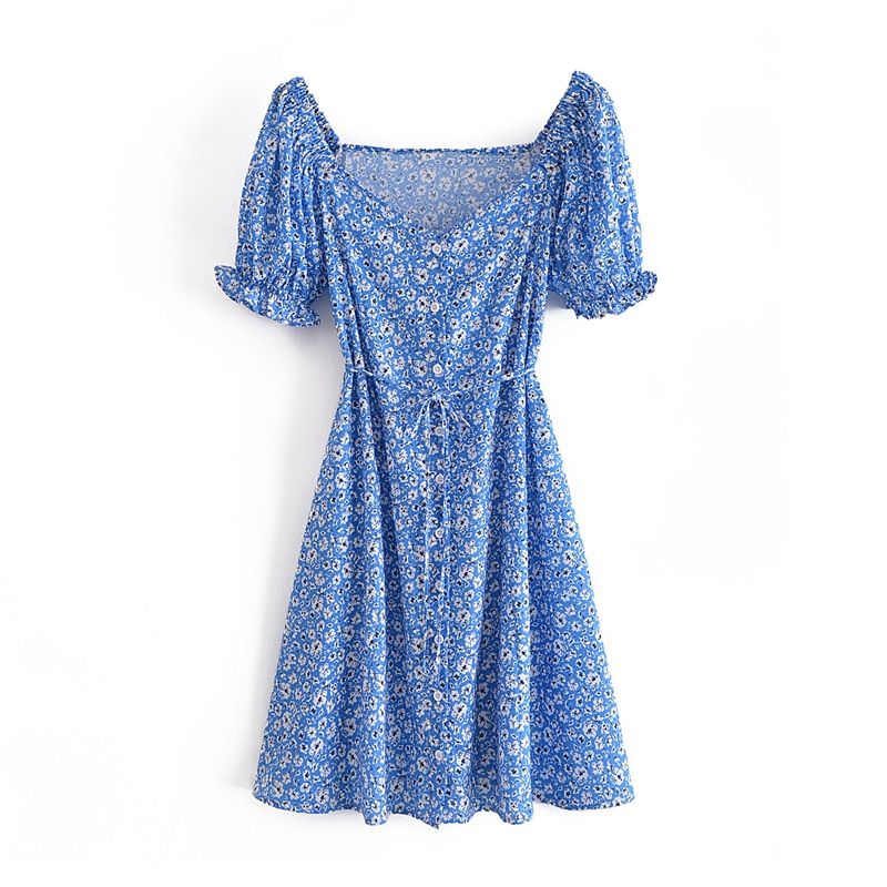 Tangada 2021 Women Blue Floral Print Summer Beach Dress Puff Short Sleeve Ladies Dress Vestidos 3A151