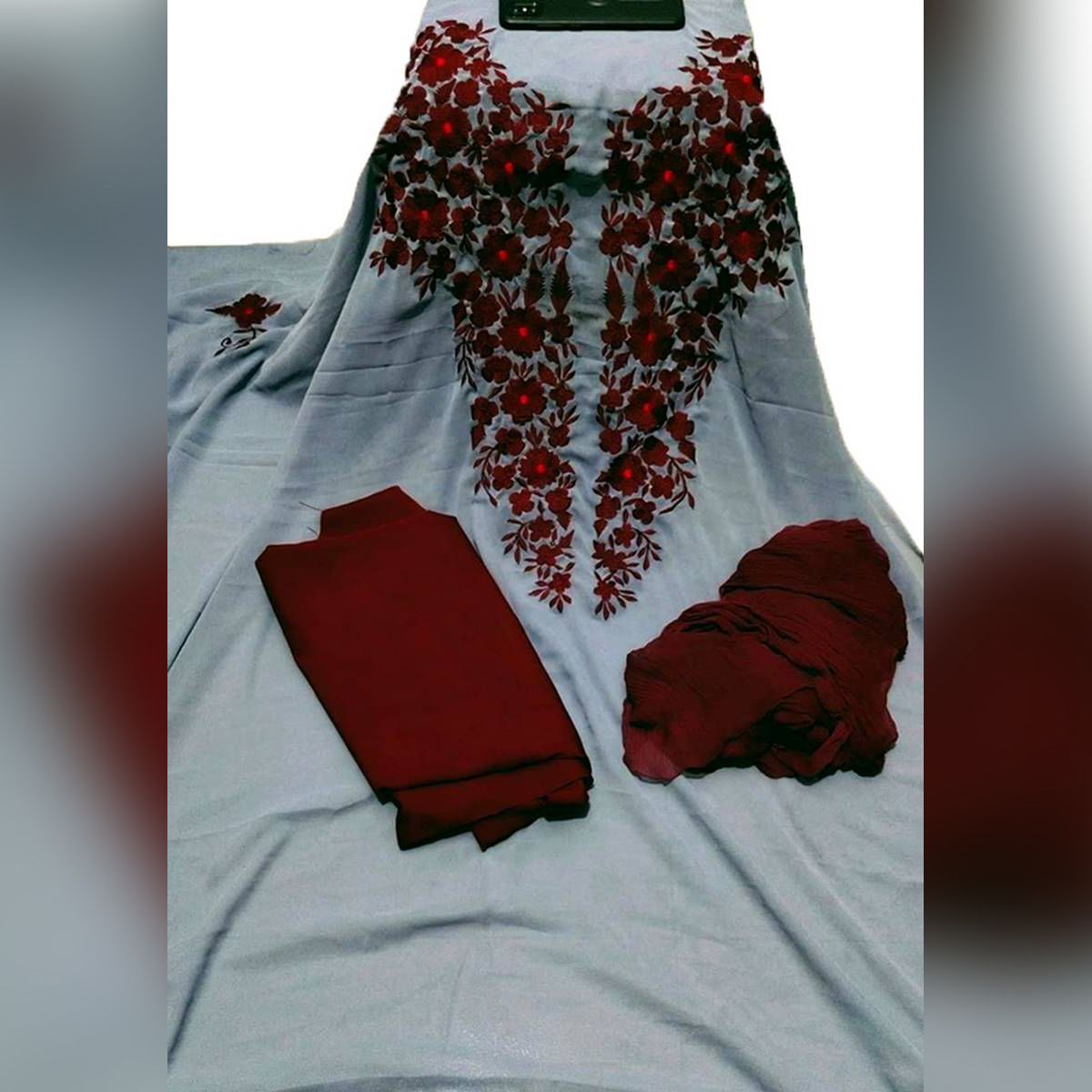 Ash Color Indian Unstitched  Embordary Work Salwar Kameez For Women {3 Piece}