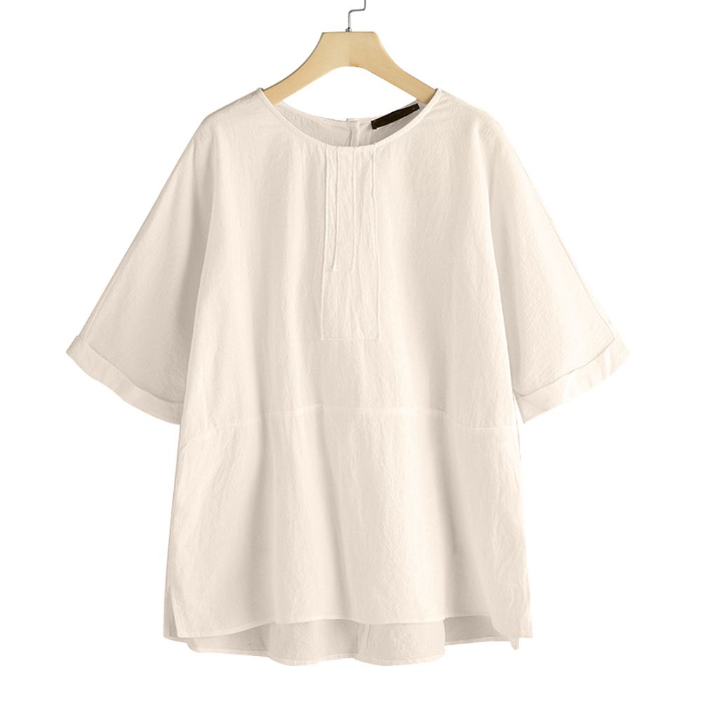 Women O Neck Half Sleeve Slitting Hem Blouse T-shirt
