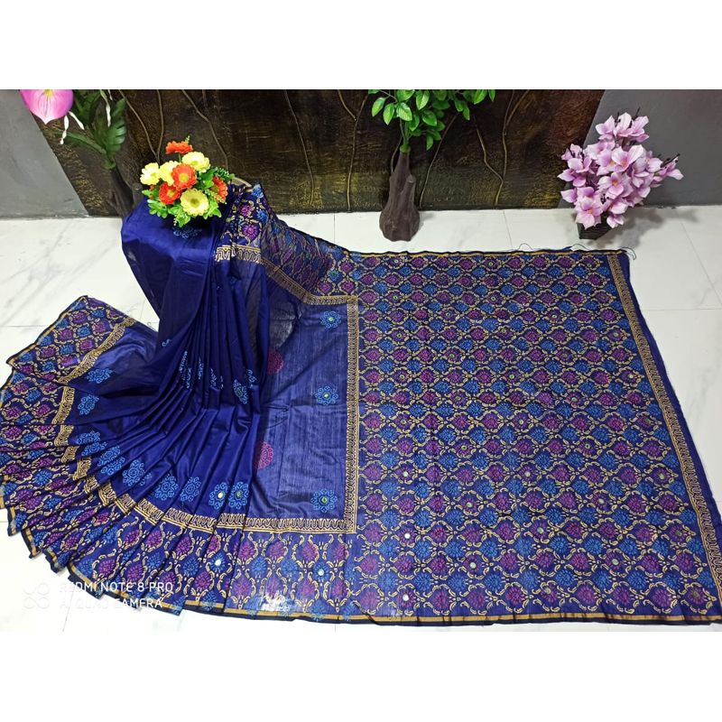 Half Silk Block Print with Dollar work Sharee ( হাফ সিল্ক শাড়ী ব্লক প্রিন্ট সাথে ডলার বসানো) By Horizontal Fashion