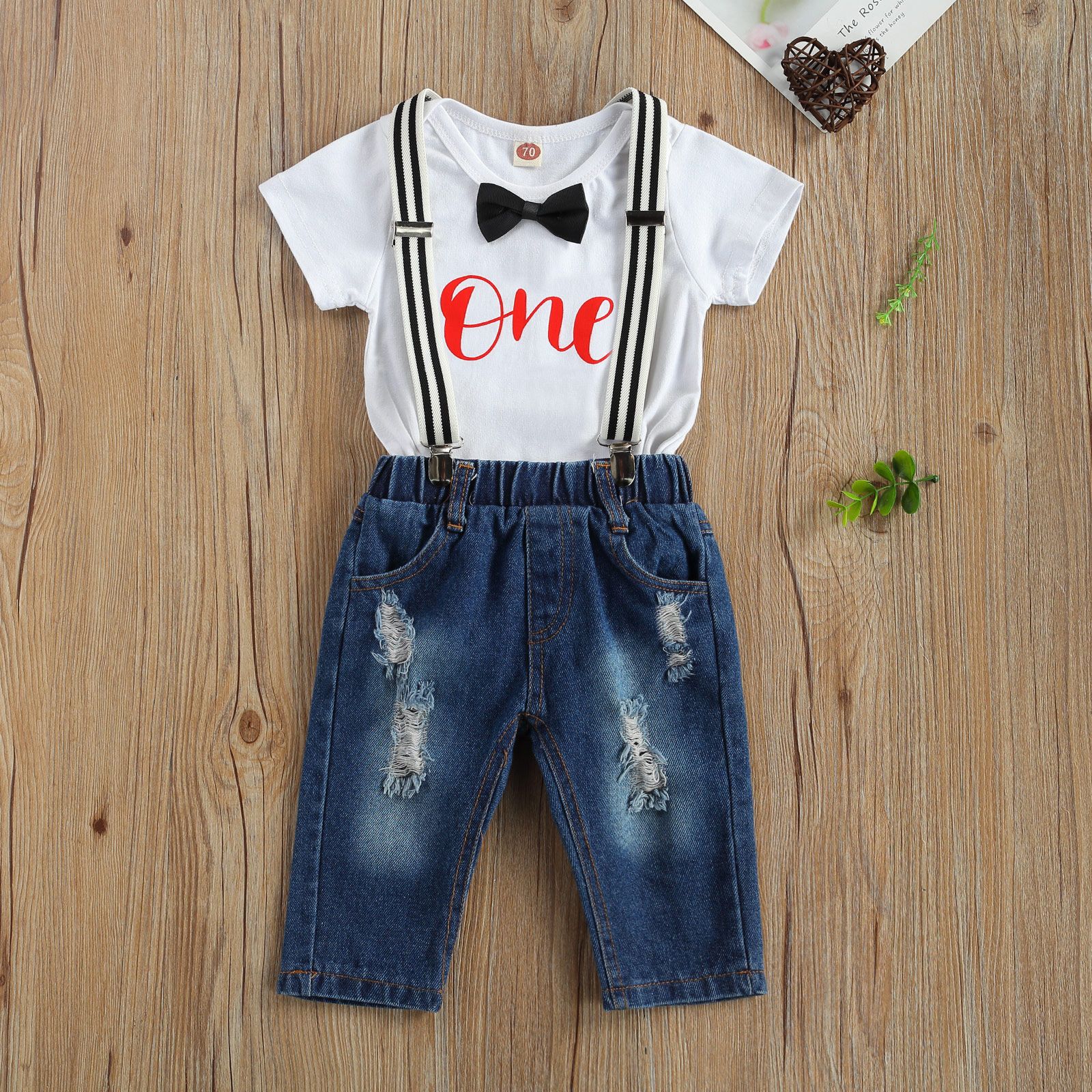 Infant's Two Piece Set, Newborn's Round Neck Bow Lettering Romper Denim Shoulder Strap Pants for Baby