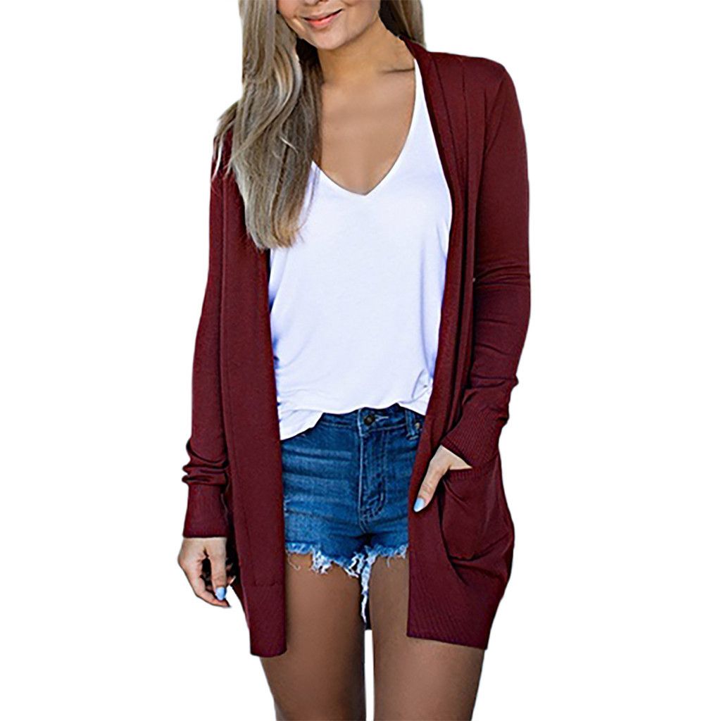 Womens Open Front Long Sleeve Cardigans Solid Color with 2 Pocket Sweater Coats Loose Outerwear