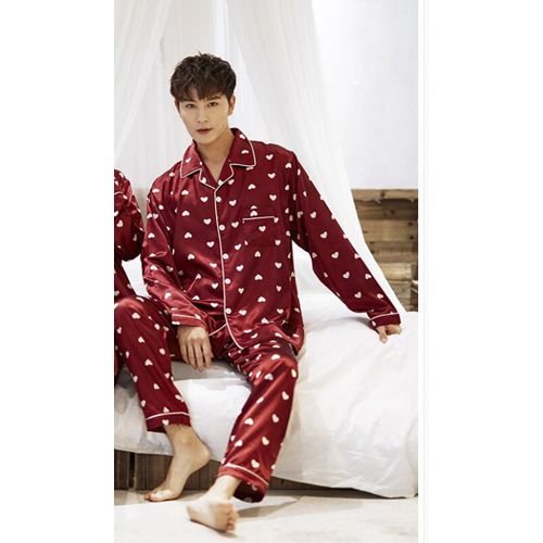 Winter Couple Pajamas Set Silk Loves Print Long Sleeve Sleepwear Men & Women Casual Big Size Lovers Nightwear M-5XL