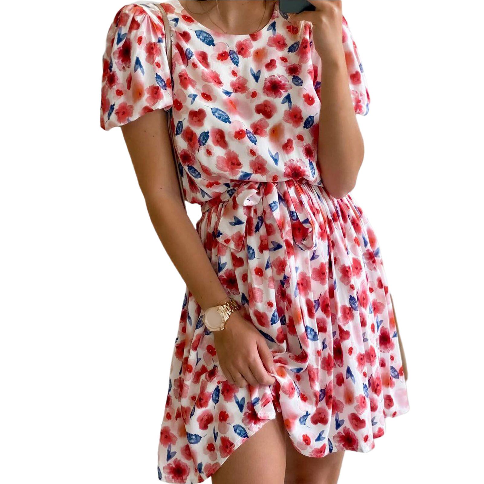 Short Dress Shrinkable Cuffs Flowy Hem Waist Tightni Dress
