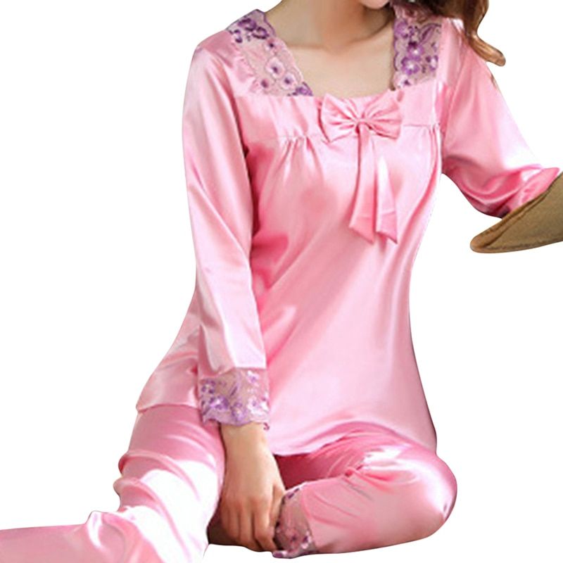 2 Piece Autumn Women Sleepwear Faux Silk Satin Pajamas Set Long Sleeve Sleepwear Pajamas Suit Female Homewear