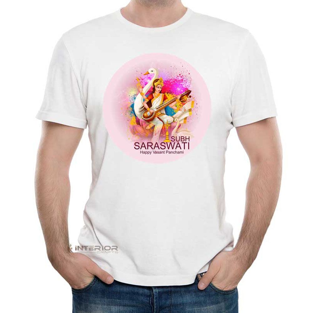 Maa Saraswati Puja Happy Vasant Panchami Special Graphic Printed T-Shirt For Men Half Sleeve Casual Round Neck. Sports & Gym Wear T-Shirts For Attitude Boys - T Shirt For Man - T Shirt