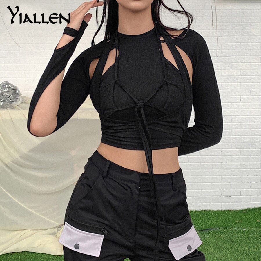 Yiallen Women Spring Casual High Street Stretch Slim Hollow Out Mini Bodycon Dresses New Simple Solid Black Dresses