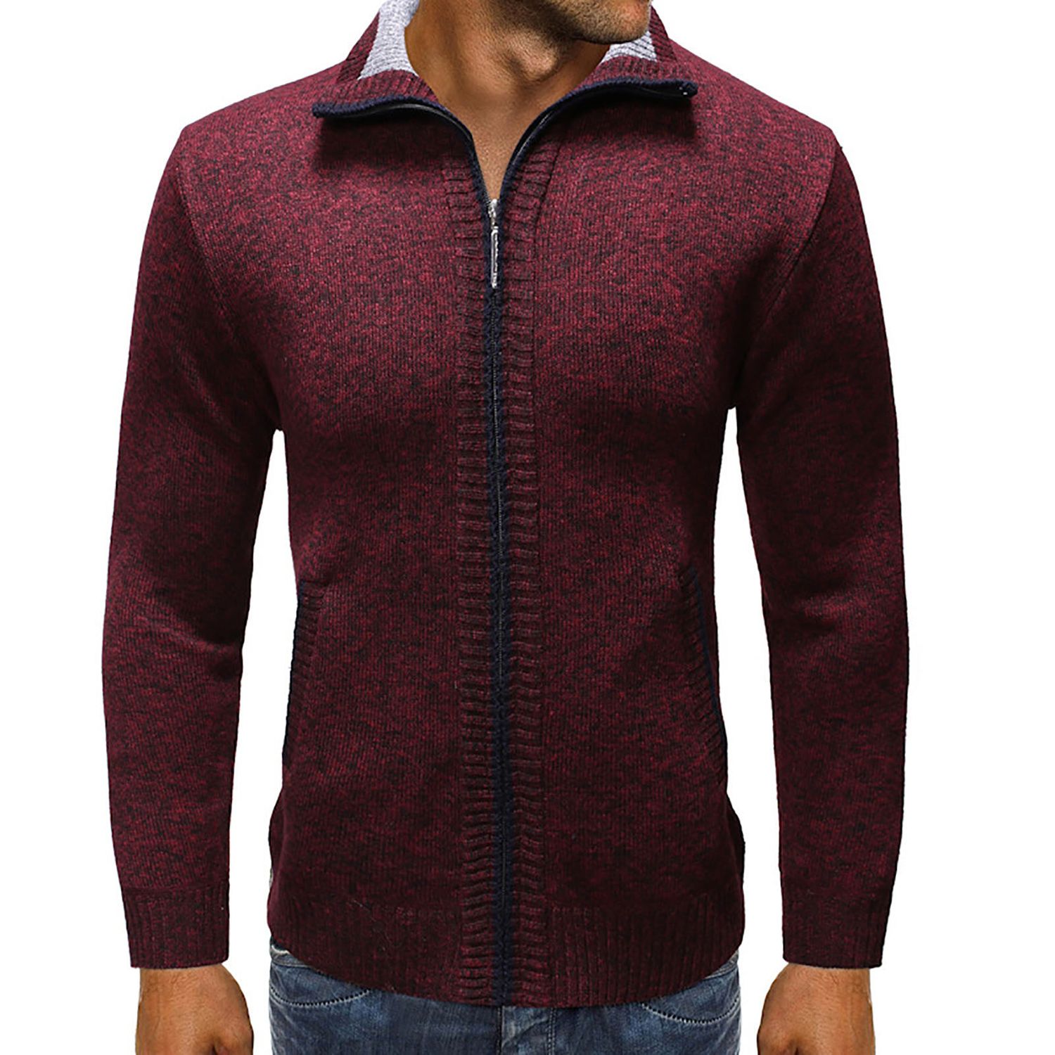 Cardigan Sweater Slim Fit Stand Collar Solid Color Knitted Cardigan