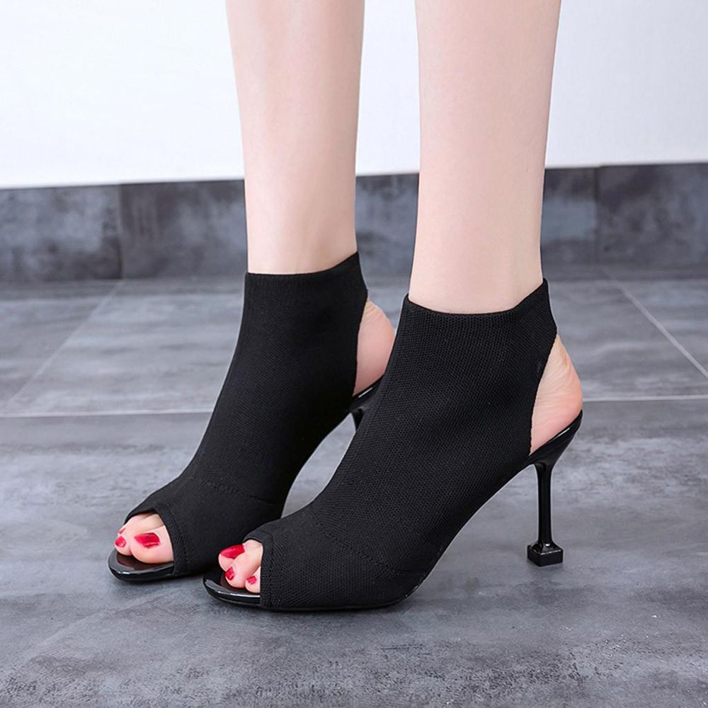Women's Fish Mouth Open Toe Stiletto Shoes Stretch Knit High Heels Roman Shoes